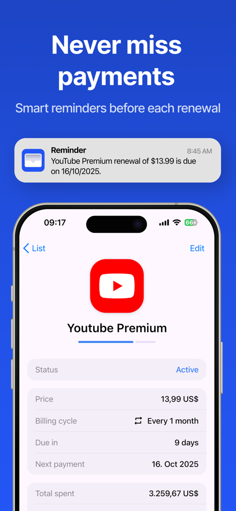 Subscription Manager: ReSubs - A mobile interface of the ReSubs app showing a notification reminder and detailed payment schedule for a YouTube Premium subscription.