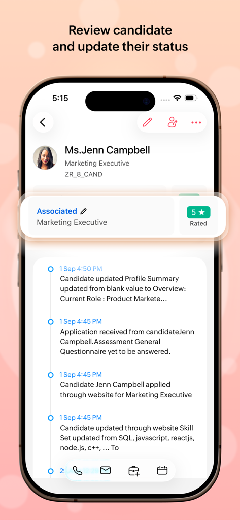 Interfaccia dell'app Zoho Recruit che mostra il profilo di un candidato per un Responsabile Marketing con la cronologia delle assunzioni e la valutazione.