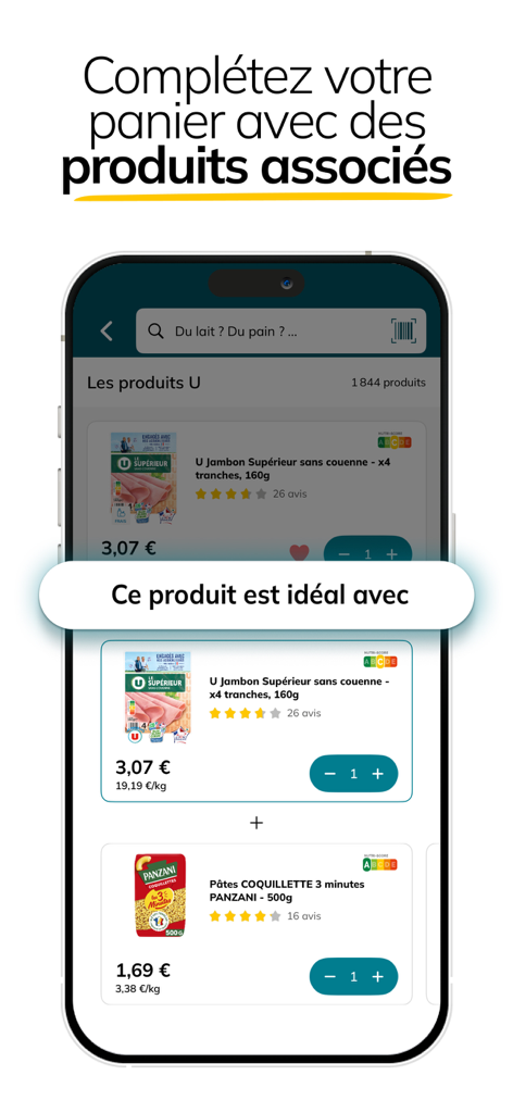 Courses U : Magasin en ligne - Screenshot of the Courses U app interface showing recommended products and cross selling suggestions for online grocery shopping