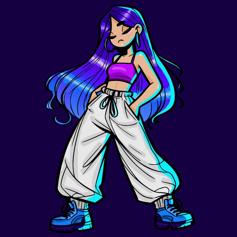 girl in baggy pants crop top and long hair