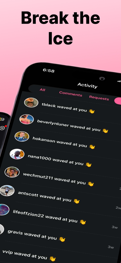 SeenU - SeenU app interface showing the Activity section where users receive waves as icebreakers from people nearby