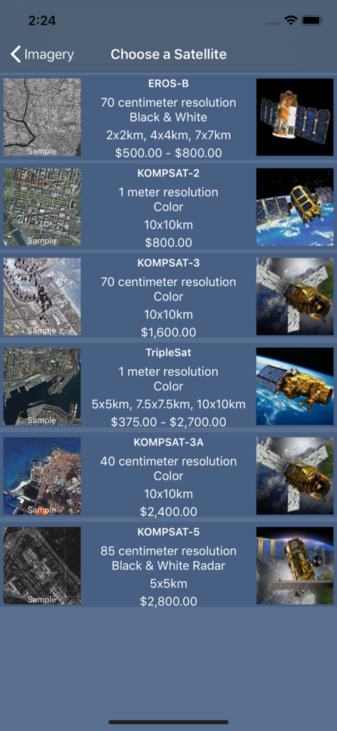 SpyMeSat - SpyMeSat app screen showing a list of satellites available for imaging with pricing and resolution details