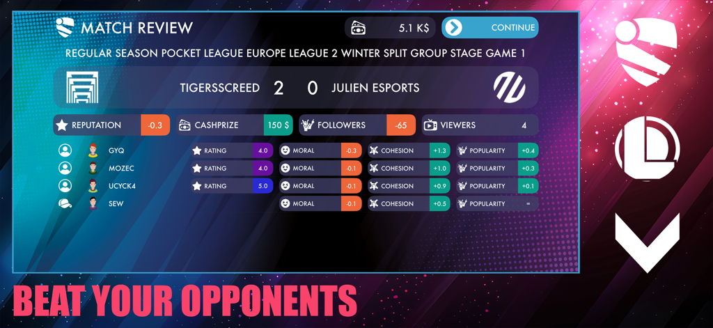 Match review interface in eSports Master showing team scores and player performance metrics