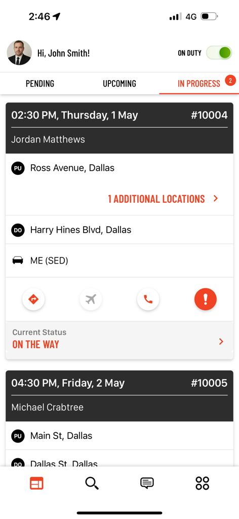 Interfaccia dell'app DriverAnywhere per autisti che mostra una corsa in corso con dettagli del passeggero e posizione