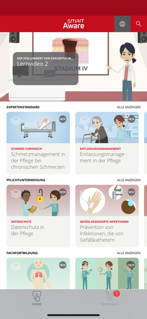 Dashboard der smartAware-App, das Ausbildungsmodule für Krankenpfleger und Kategorien für obligatorische Schulungen anzeigt