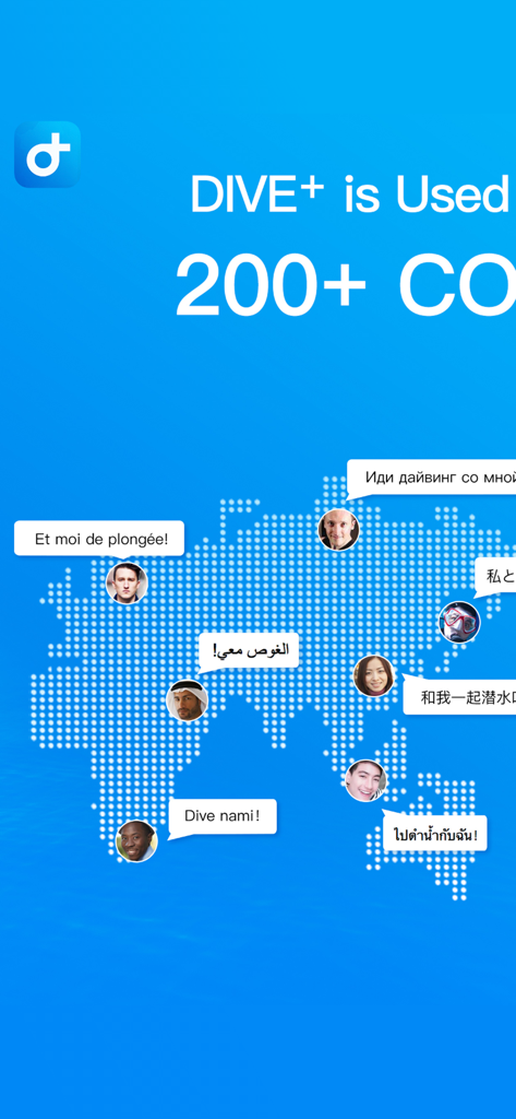 World map showing profile pictures of divers from over two hundred countries with multilingual greetings.