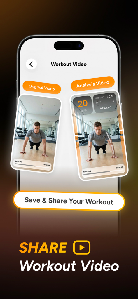 Push Up Counter. - A smartphone displaying a side-by-side comparison of an original workout video and an AI analysis video with rep tracking and form overlays.