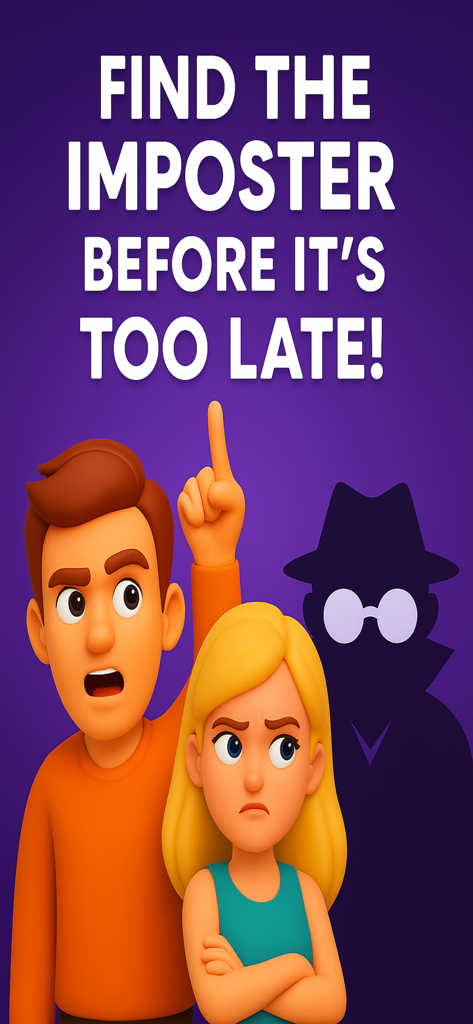 Personaggi stilizzati e una silhouette di spia con il testo trova l'impostore prima che sia troppo tardi