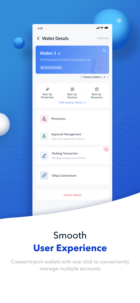 Tronlink App Screenshot, der Wallet-Details und Backup-Optionen für private Schlüssel und Mnemonics zeigt