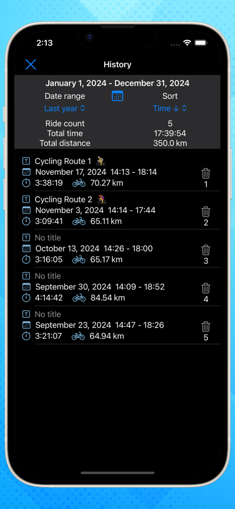 Bike Computer - Cycling - History screen of the Bike Computer cycling app showing a list of recorded rides with distance and duration statistics