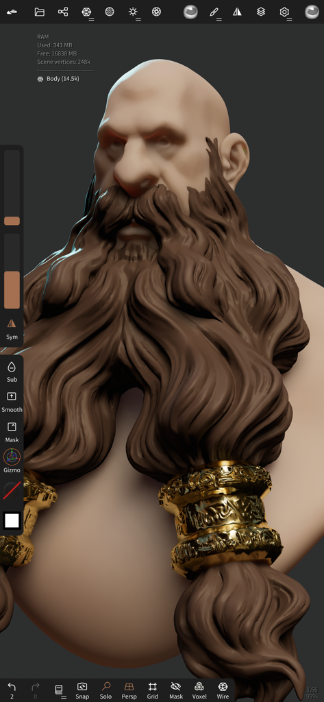 A detailed 3D sculpt of a bearded character head with gold rings in the Nomad Sculpt app.