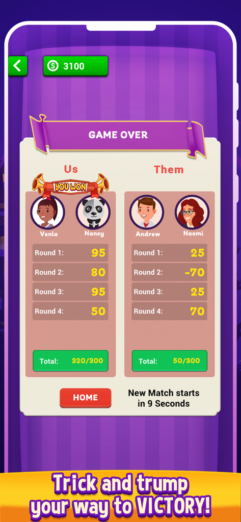 Blackbird: Family Card Game - Blackbirdカードゲームのゲームオーバー画面。勝ったチームとラウンドのスコアが表示されます。