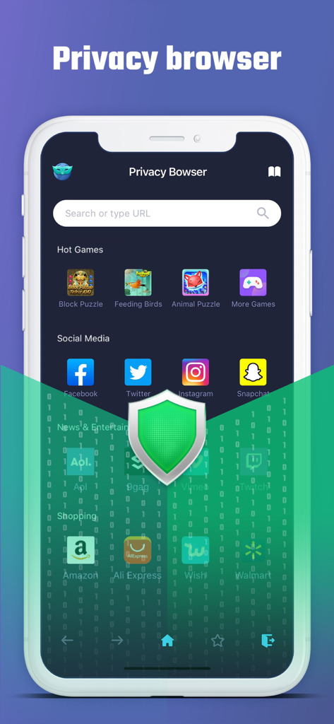 AppLock - photo lock - Screenshot del browser privato di AppLock con una barra di ricerca sicura e collegamenti a siti di social media e shopping