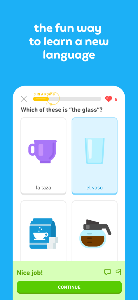 Duolingo 모바일 앱 인터페이스 이미지 기반 객관식 질문과 긍정적인 피드백 배너가 포함된 스페인어 수업 표시