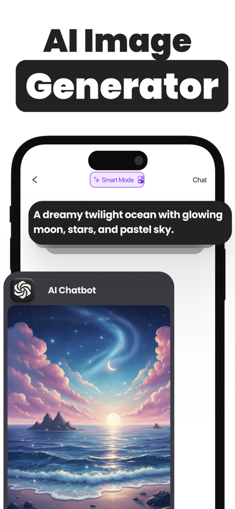 Orion AI - Chatbot Assistant - Orion AI app interface showing a text prompt and its generated artwork of a dreamy twilight ocean