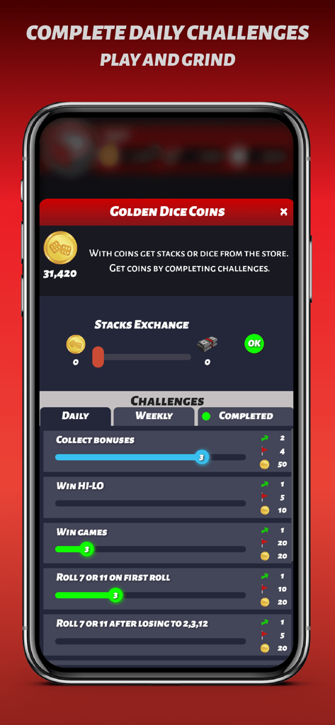 Phone Dice - Écran de l'application Phone Dice affichant les défis quotidiens et les récompenses en pièces de dés dorées