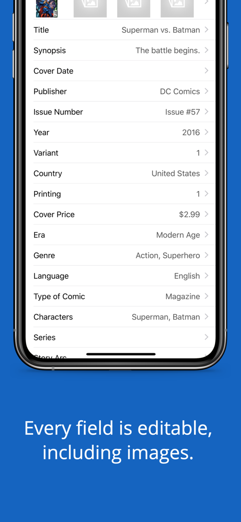 iCollect Everything: Inventory - A detailed item entry screen for a comic book showing editable fields like title, publisher, and year.