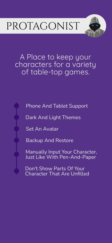 Protagonist - Feature list for the Protagonist app highlighting digital character sheet management for tabletop RPGs
