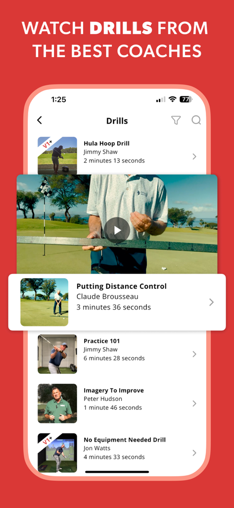 Interface do aplicativo V1 Golf mostrando uma biblioteca de exercícios de instrução de treinadores profissionais.