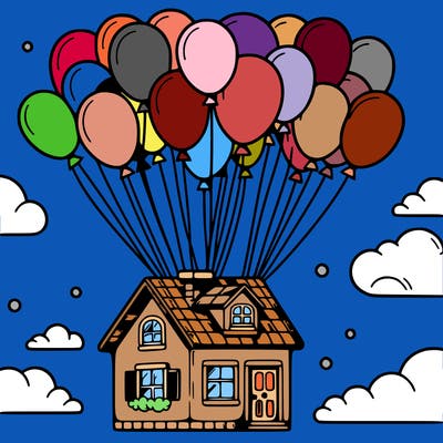 house floating from lots of balloons