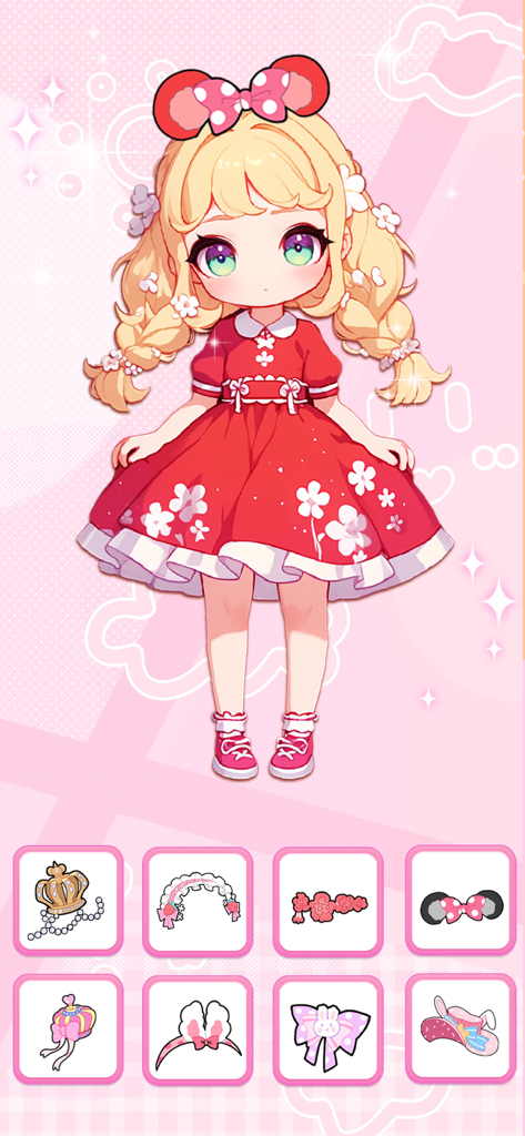Doll Dress Up - Princess Games - Chibi doll wearing a red floral dress and mouse ears with fashion accessory options