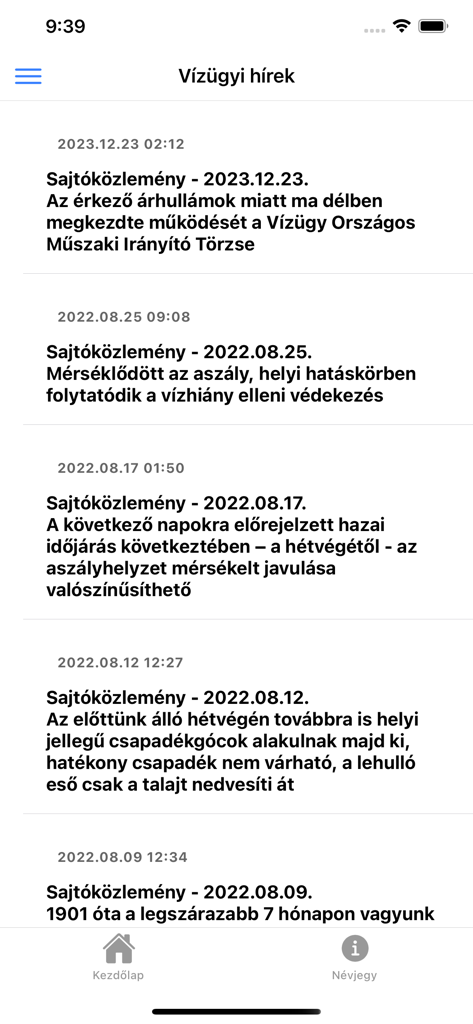 Nachrichten-Feed-Bildschirm in der TelVIR-App mit offiziellen Pressemitteilungen der Wasserwirtschaft für Ungarn.