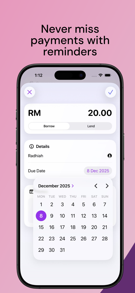 Hutang: Log Your Debt - Hutang app interface showing a debt entry for RM 20.00 with a due date selection using a calendar pop-up.