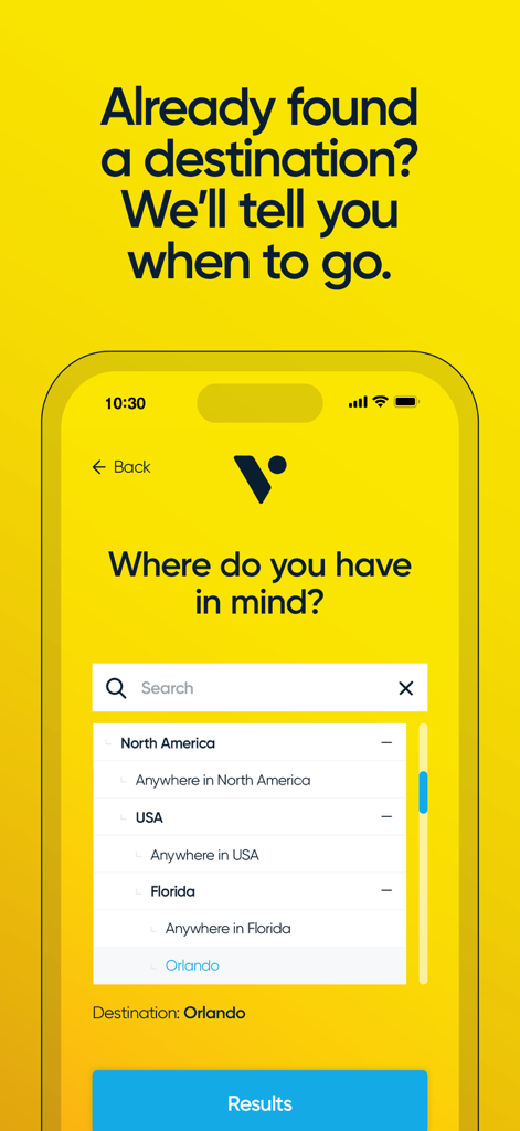 Vacay Weather - Pantalla de búsqueda de la aplicación Vacay Weather para seleccionar Orlando Florida y encontrar las mejores fechas de viaje