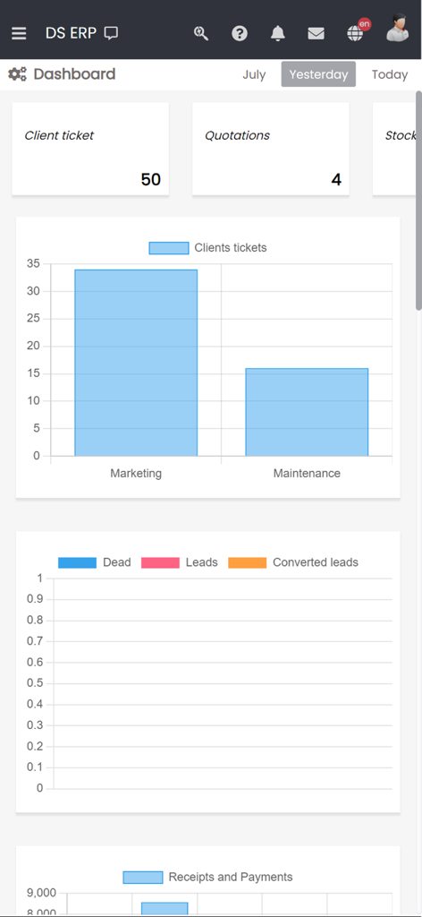 DS ERP System dashboard overview with charts and business metrics