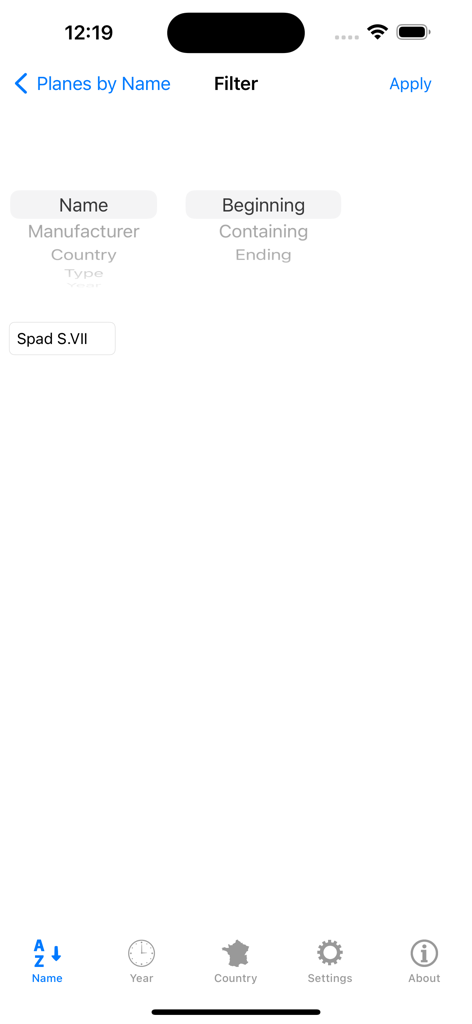 Advanced search filter screen for aircraft in the Planes encyclopedia app