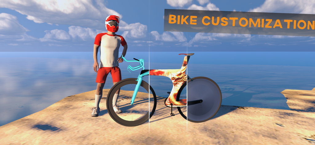 Bicycle Extreme Rider 3D - A character in cycling gear standing next to a customized track bike with a dragon design in an outdoor setting