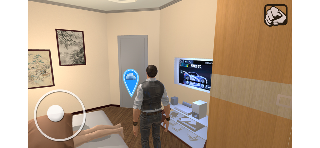 Personaje en una habitación mirando un menú de personalización de coches en un televisor