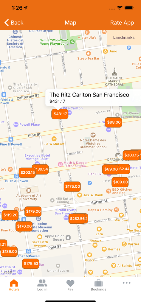Hotel Planner - Tonight Deals - 호텔 플래너 앱에서 리츠 칼튼과 같은 다양한 호텔 가격 및 위치를 보여주는 샌프란시스코 지도