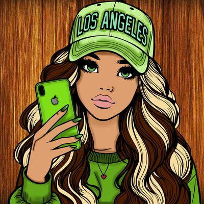 realistic beautiful girl wearing los ángeles cap holding an iphone