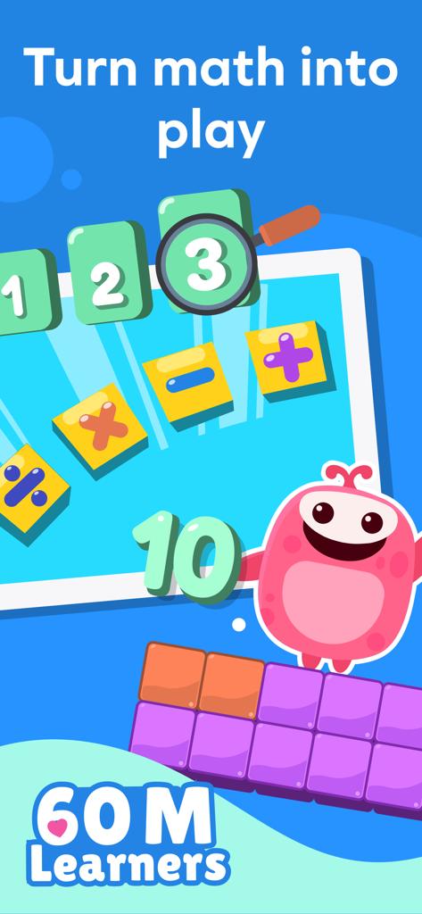 A colorful educational screen for Splash Math showing number tiles and math symbols with the text Turn math into play and 60 million learners.