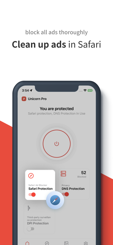 iPhoneに表示されるUnicorn Proアプリのインターフェースで、Safari広告ブロック、DNS保護、DPI保護のトグルが表示されています