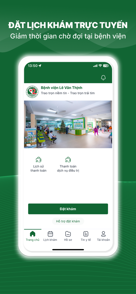 BV Lê Văn Thịnh - Home screen of the Le Van Thinh Hospital app for online appointment booking and medical management.
