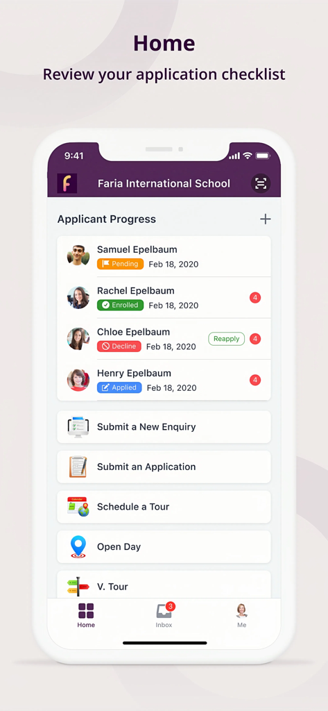 OpenApply - OpenApply mobile app home screen showing applicant progress tracking and admission checklist for multiple students