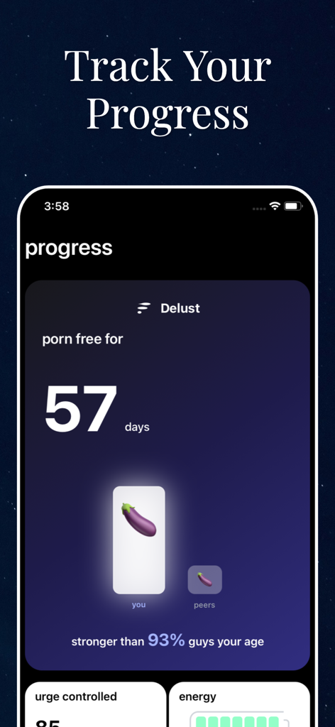 Delust: Quit Porn, Iron Will - Delust app screenshot showing 57 days porn free and progress comparison