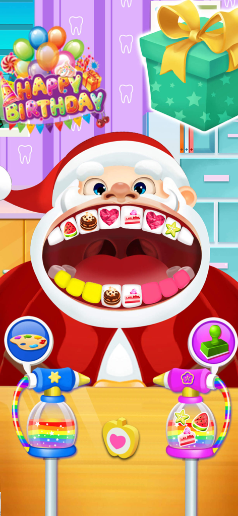 Santa Claus character having his teeth decorated with stickers in a dentist simulator game for kids