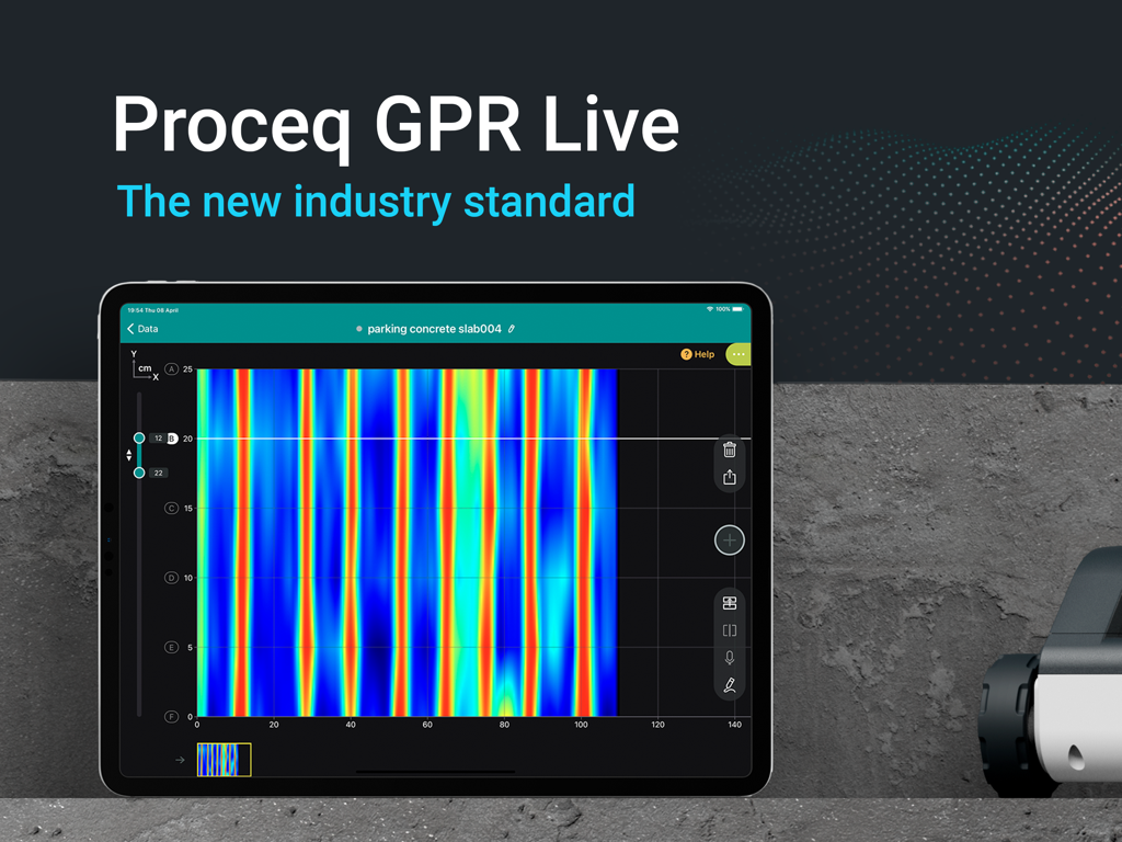 Proceq GPR Live 앱이 iPad에서 콘크리트 슬래브의 컬러 코딩된 레이더그램 스캔을 표시하고 있습니다.