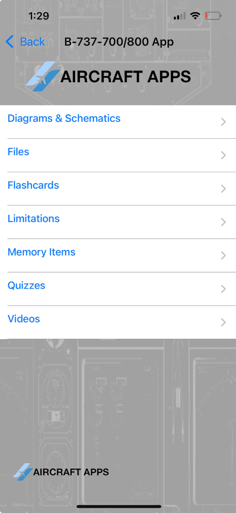 iBOEING Type Rating Prep - B-737 aircraft study menu with sections for diagrams, flashcards, and quizzes.