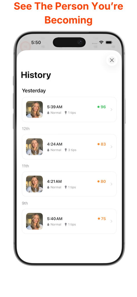 Interface of the Glemi app showing a historical log of skin photos with daily health scores and progress tracking.