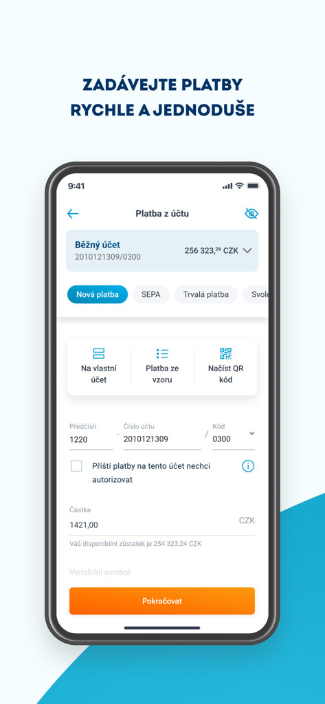 Tela de pagamento do aplicativo móvel ČSOB Smart, mostrando detalhes da conta e opções de pagamento via QR code.
