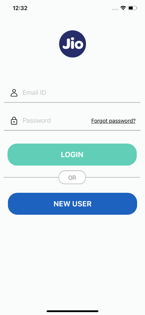 Jio Careers app login screen with email and password fields