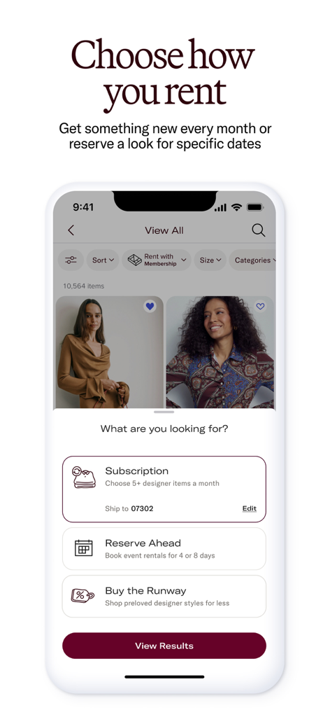 Interfaccia dell'app mobile Rent the Runway che mostra le opzioni di abbonamento e di noleggio per eventi.