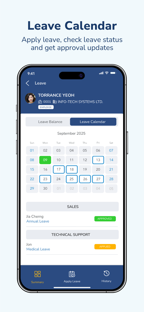 Leave calendar interface of INFOTECH HRMS app showing status of leave requests