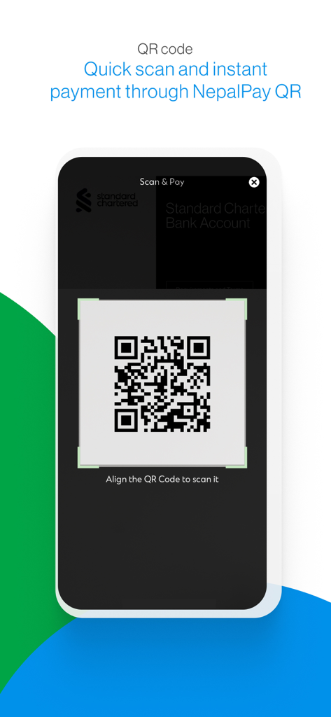 Captura de pantalla de la aplicación SC Mobile Nepal que muestra la función de escaneo de códigos QR NepalPay para pagos instantáneos.