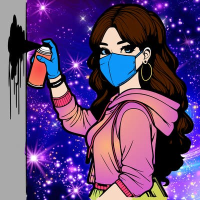 realistic girl with mask spray painting a wall