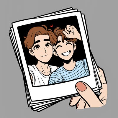 realistic, best friends taking a polaroid picture